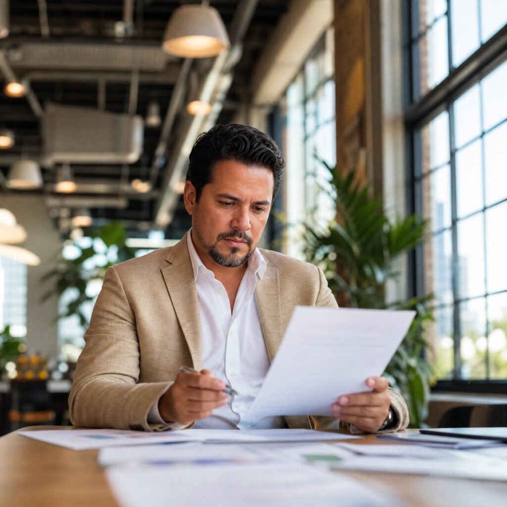 Latin American entrepreneur reviewing a business plan at a desk, pen in hand, warm natural light, South Florida commercial or co-working setting