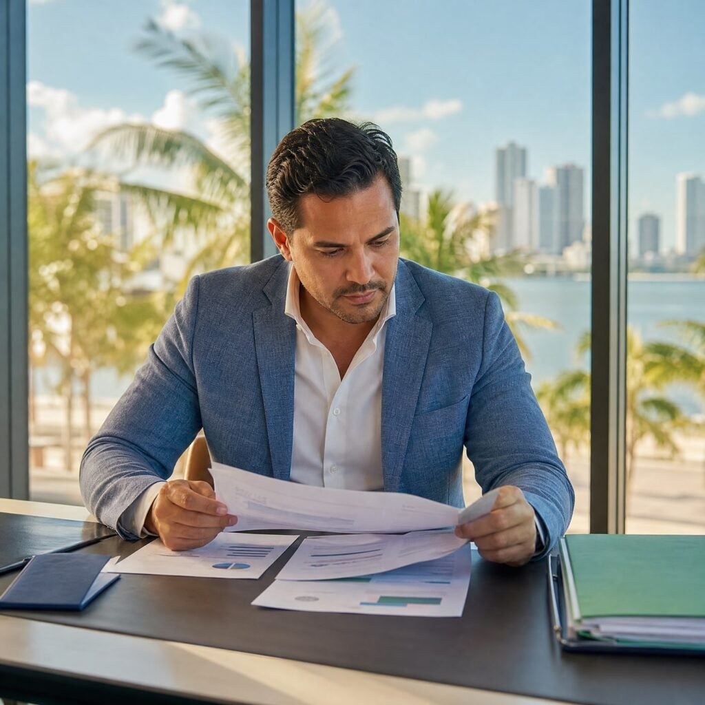 Latin American business professional reviewing documents at a modern desk in a South Florida office, warm natural light through window, Aventura or Brickell setting