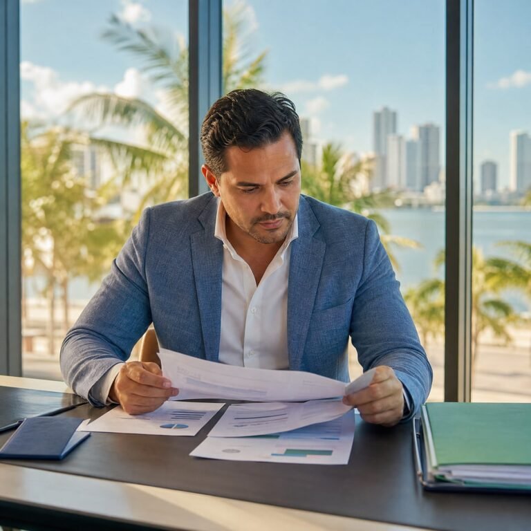 Latin American business professional reviewing documents at a modern desk in a South Florida office, warm natural light through window, Aventura or Brickell setting