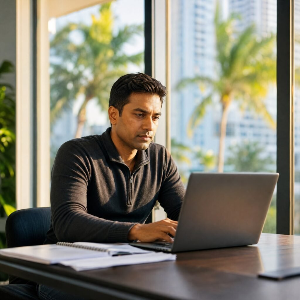 Professional working at a laptop in a home office or co-working space, expression of focused urgency, natural light, South Florida or modern urban environment