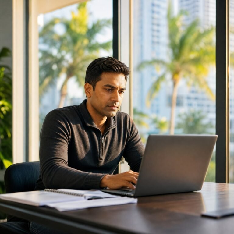 Professional working at a laptop in a home office or co-working space, expression of focused urgency, natural light, South Florida or modern urban environment
